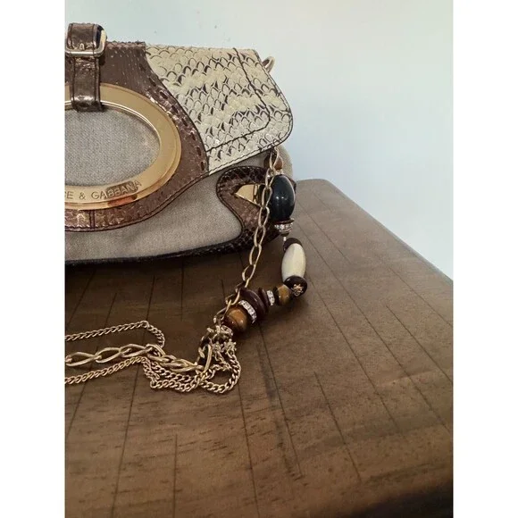 Dolce & Gabbana Y2K Brown Gold Leather & Jute Shoulder Bag Statement Charm Strap - Picture 3 of 16